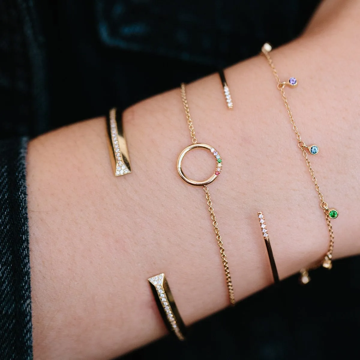 14k Gold Bracelet with Dangling Rainbow Sapphires