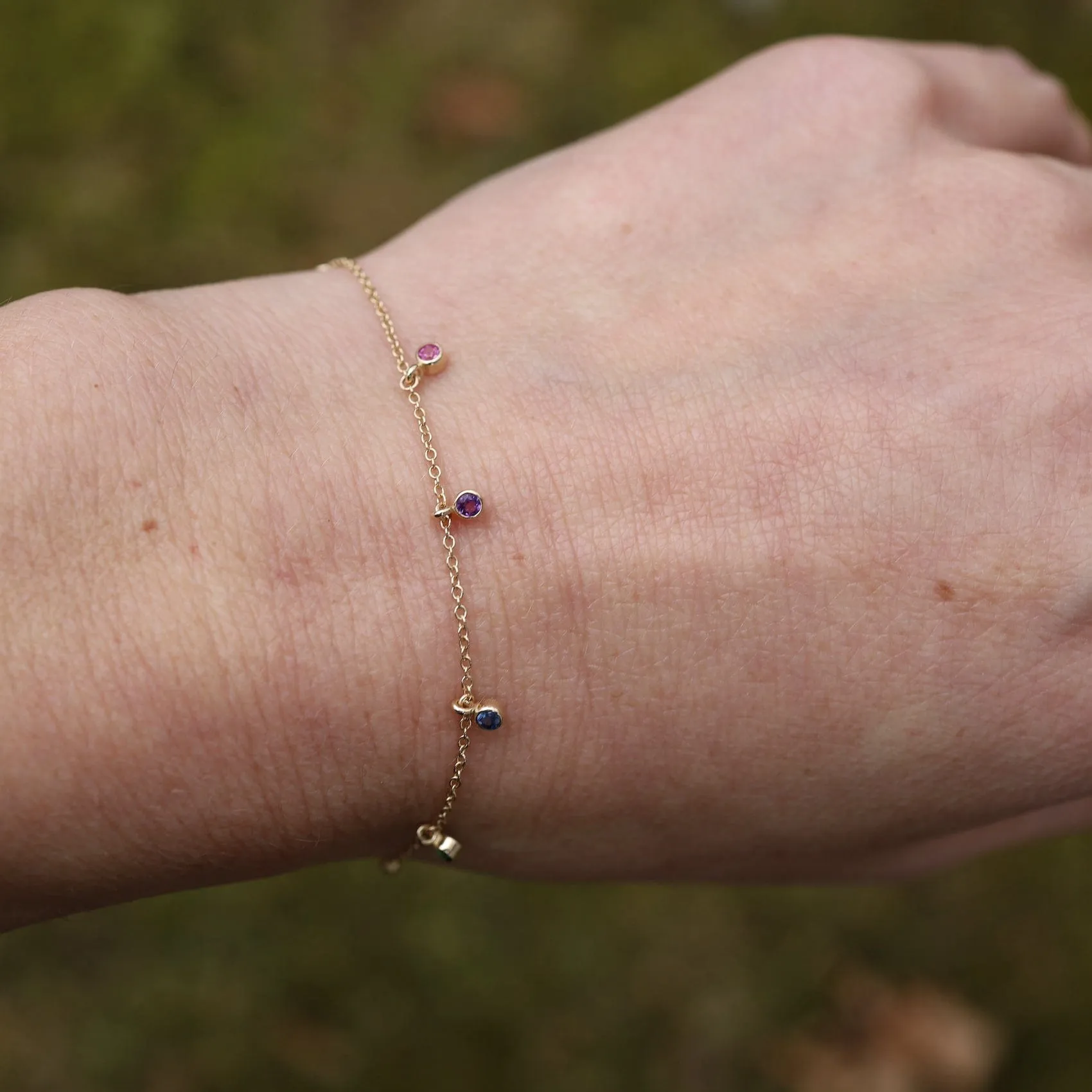 14k Gold Bracelet with Dangling Rainbow Sapphires