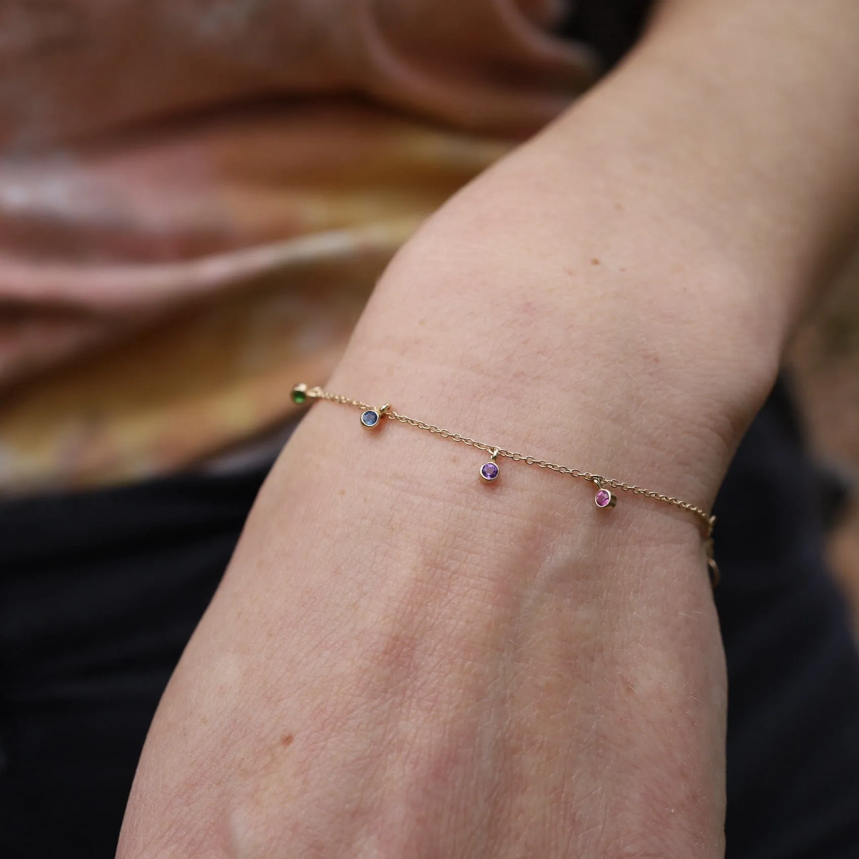 14k Gold Bracelet with Dangling Rainbow Sapphires