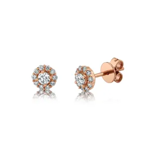 14K Rose Gold Round Diamond Stud Earrings with Halo