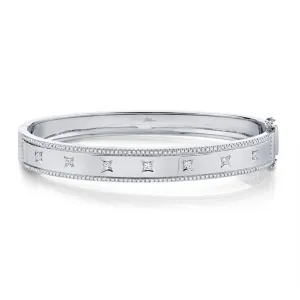 14K White Gold Diamond Border   Square Accent Wide Bangle