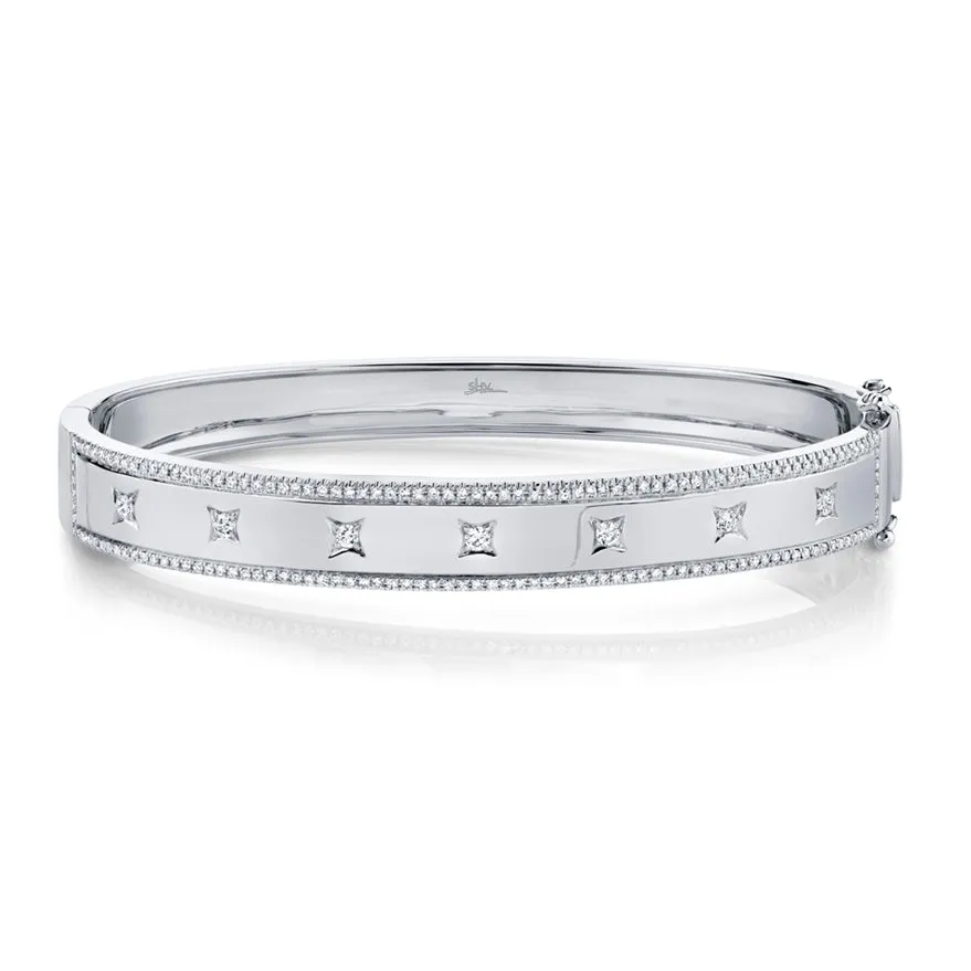 14K White Gold Diamond Border   Square Accent Wide Bangle