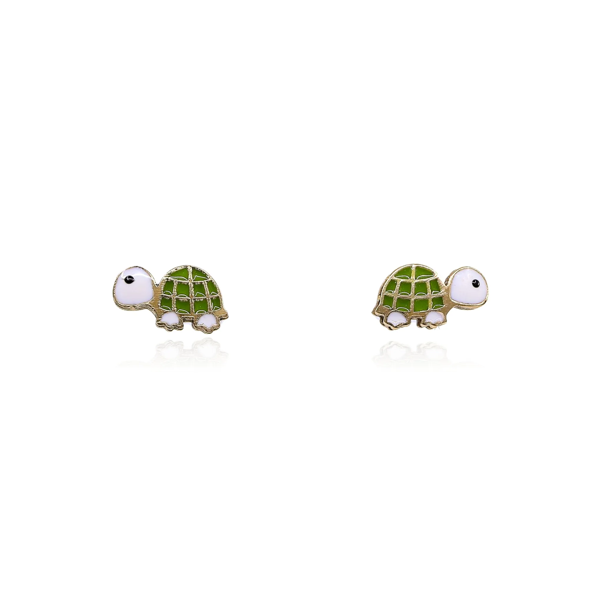 14K YELLOW GOLD CHILDREN'S GREEN AND WHITE ENAMEL TURTLE EARRINGS