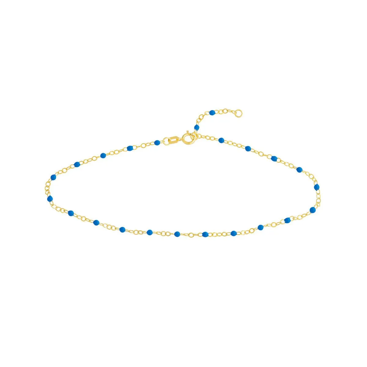 14K Yellow Gold Cobalt Enamel Bead Piatto Chain Anklet