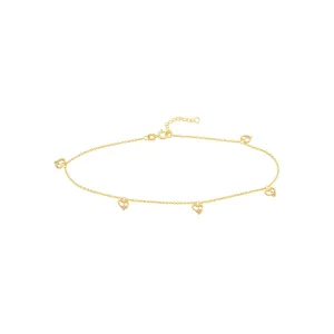 14K Yellow Gold Open CZ Heart Dangle Adjustable Anklet