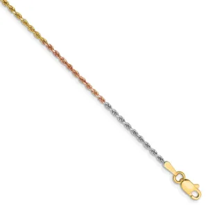 1.5mm 14k Tri-Color Gold D/C Solid Rope Chain Anklet or Bracelet