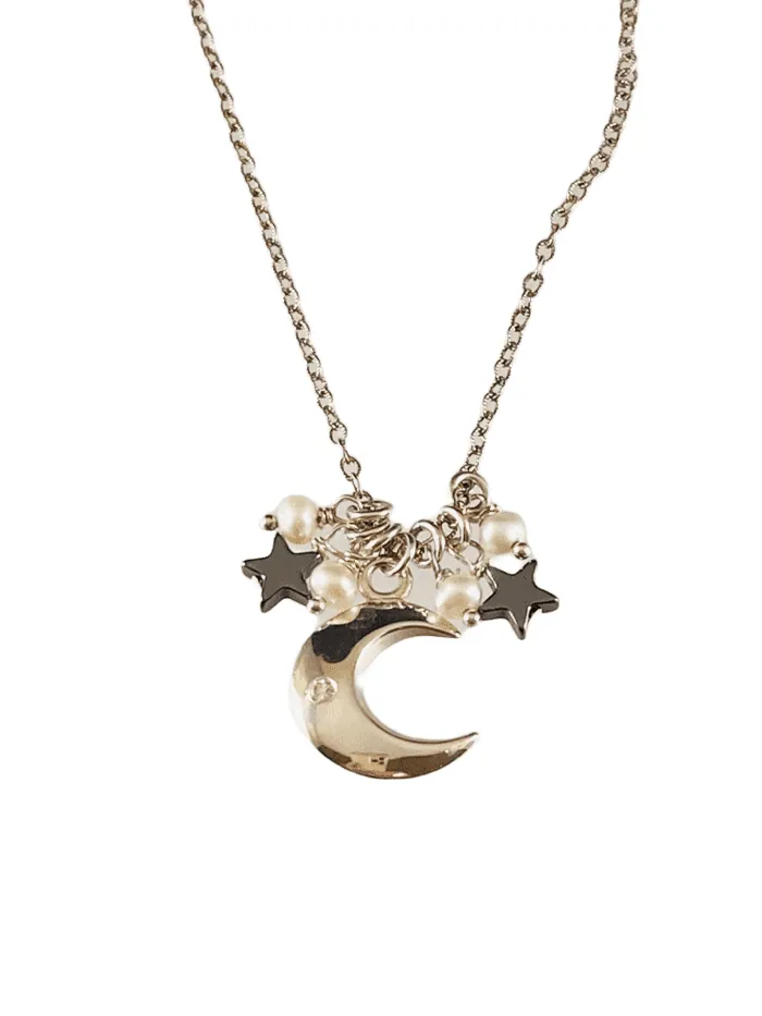 16" Crescent Moon Star & White Pearl Gemstone Charm Necklace