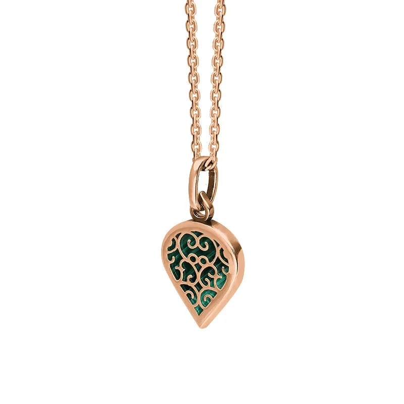 18ct Rose Gold Malachite Flore Filigree Small Heart Necklace