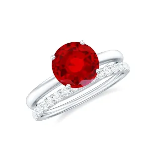 3 CT Solitaire Created Ruby Wedding Ring Set with Diamond