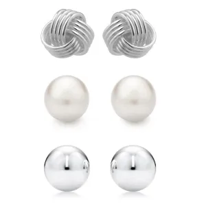 3-Pair Set: Sterling Silver Trio Stud Earring Set