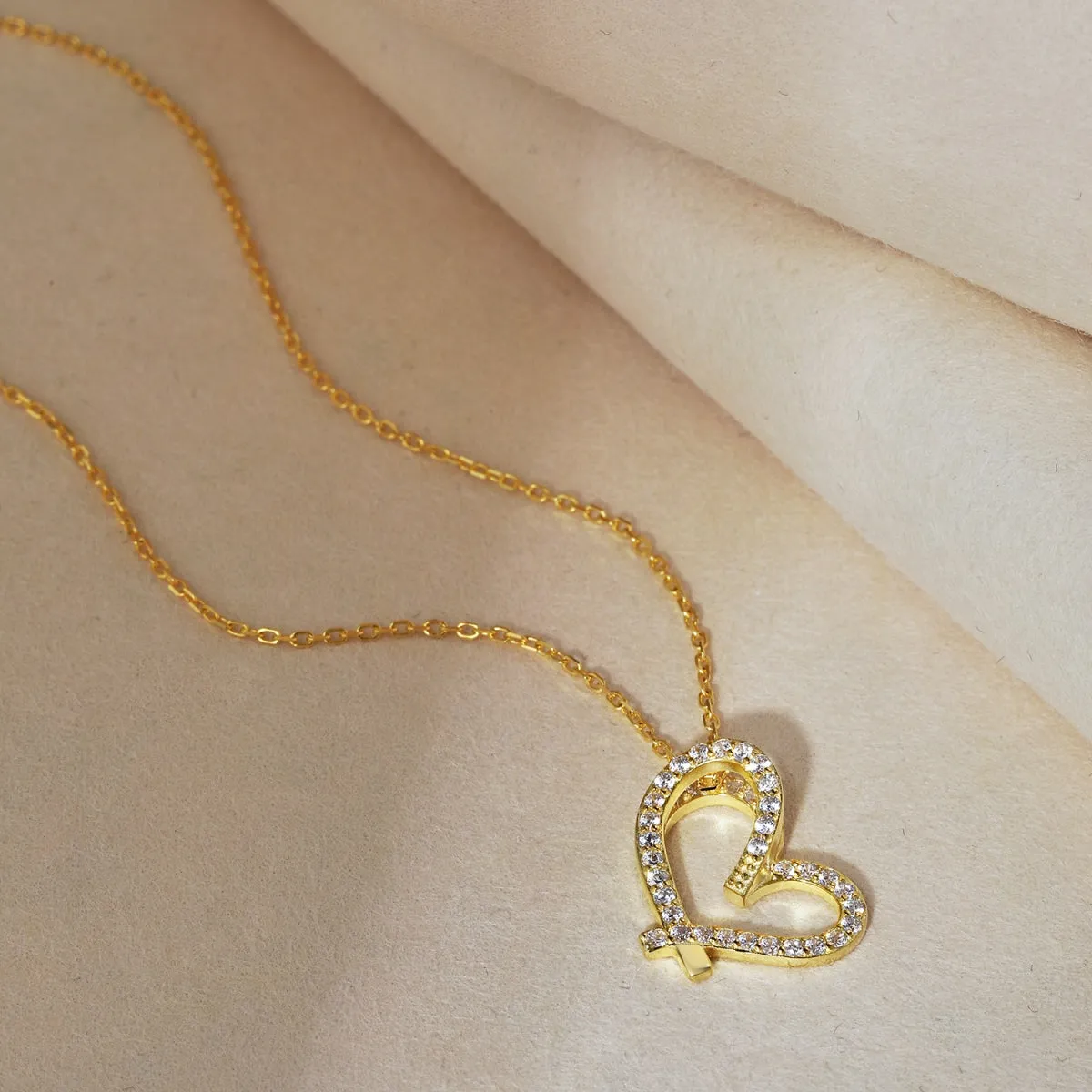 3D Pave Open Heart Pendant Necklace - Gold