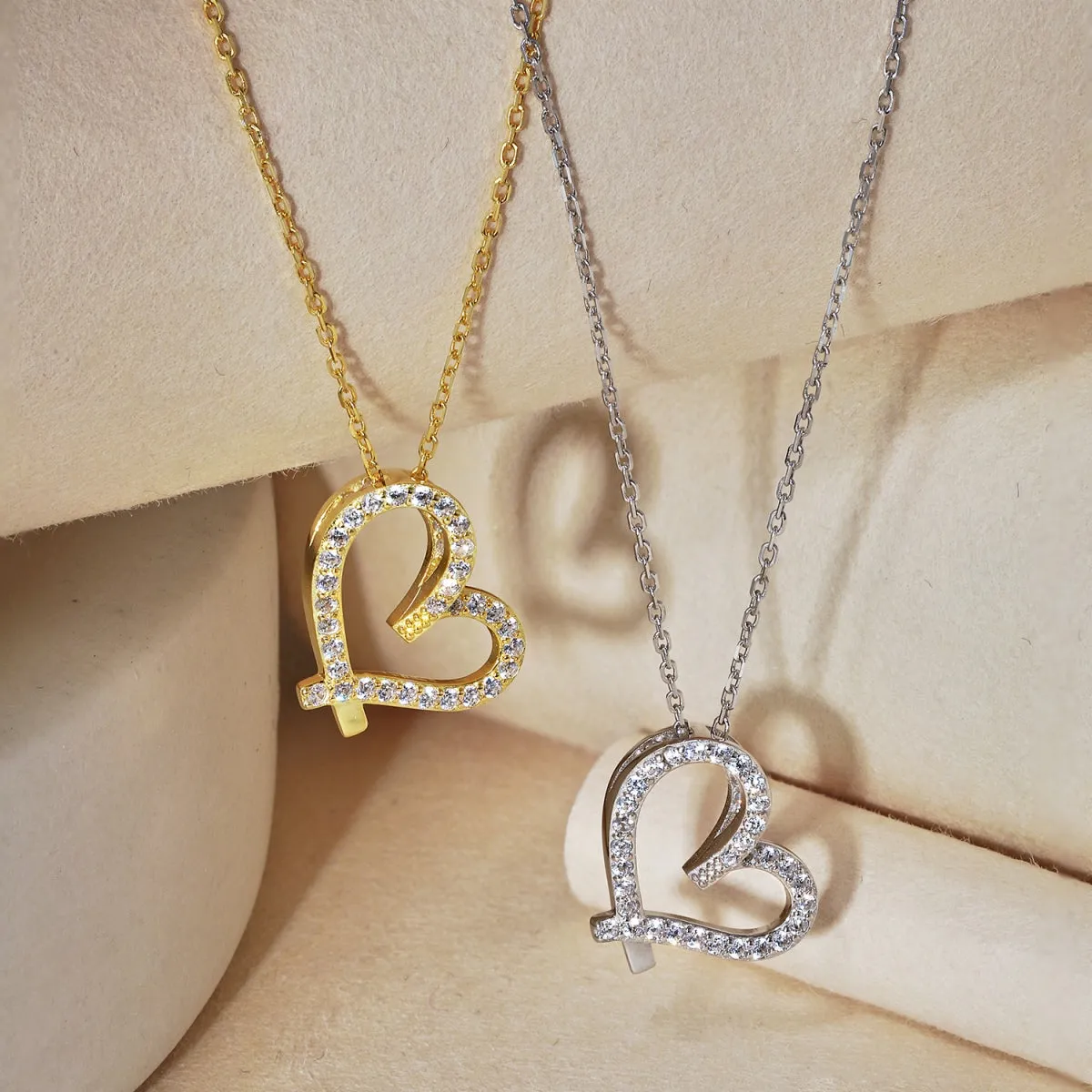 3D Pave Open Heart Pendant Necklace - Gold