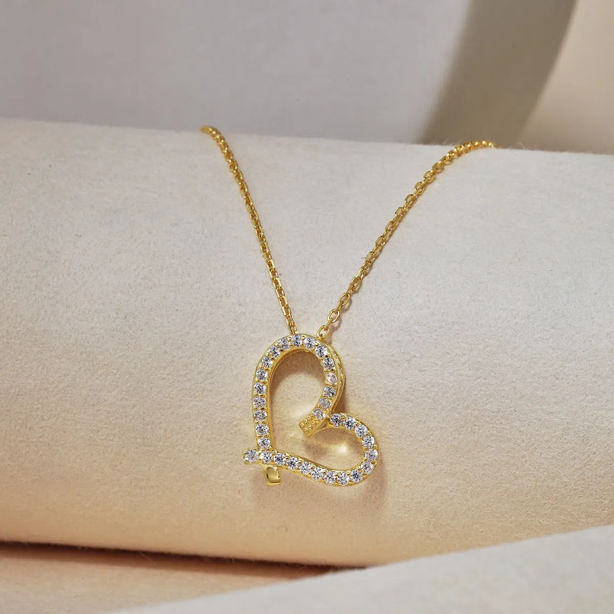 3D Pave Open Heart Pendant Necklace - Gold