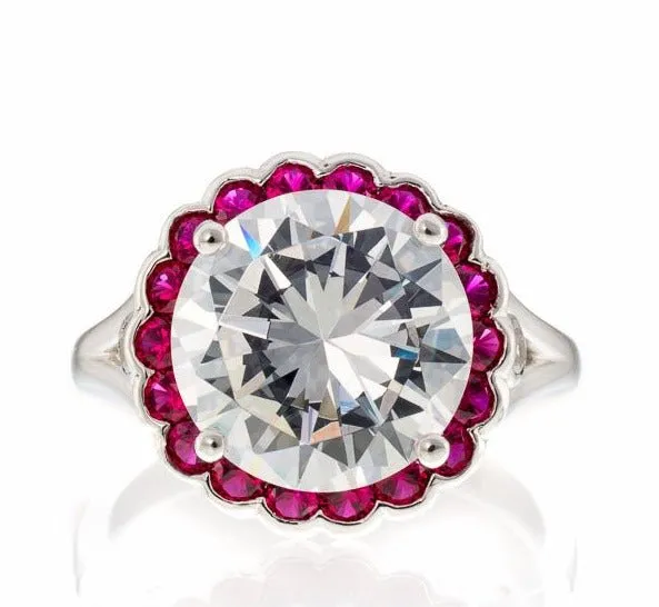 5 Carat Round and Ruby Accent Cubic Zirconia Halo Engagement Ring In White Gold Plated Sterling Silver