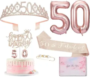 50th Birthday Decorations for Women, 50th Birthday Crown and Birthday Sash, Birthday Cake Topper, Balloons and Candle Set for Women Friends 50th Birthday Decorations - Rose Gold