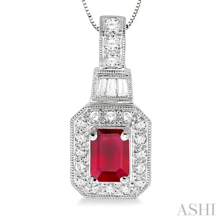 6x4 MM Emerald Shape Ruby and 1/4 Ctw Round and Baguette Cut Diamond Pendant in 14K White Gold with Chain