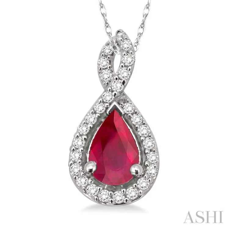 6x4 MM Pear Shape Ruby and 1/10 Ctw Round Cut Diamond Pendant in 14K White Gold with Chain