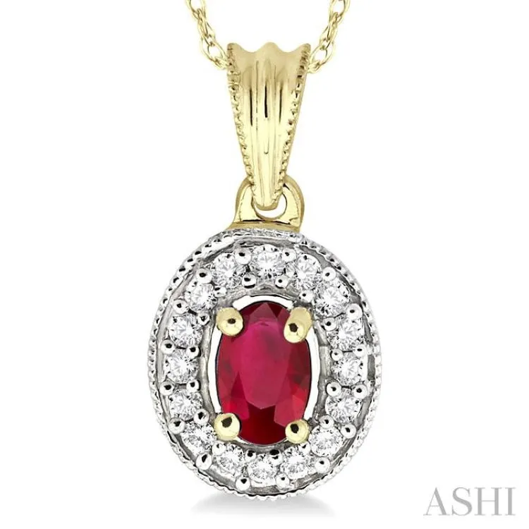 6x4mm Oval Cut Ruby and 1/5 Ctw Round Cut Diamond Pendant in 14K Yellow Gold with Chain