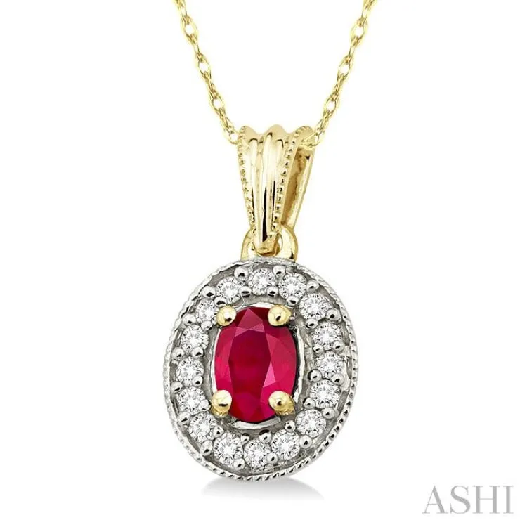 6x4mm Oval Cut Ruby and 1/5 Ctw Round Cut Diamond Pendant in 14K Yellow Gold with Chain