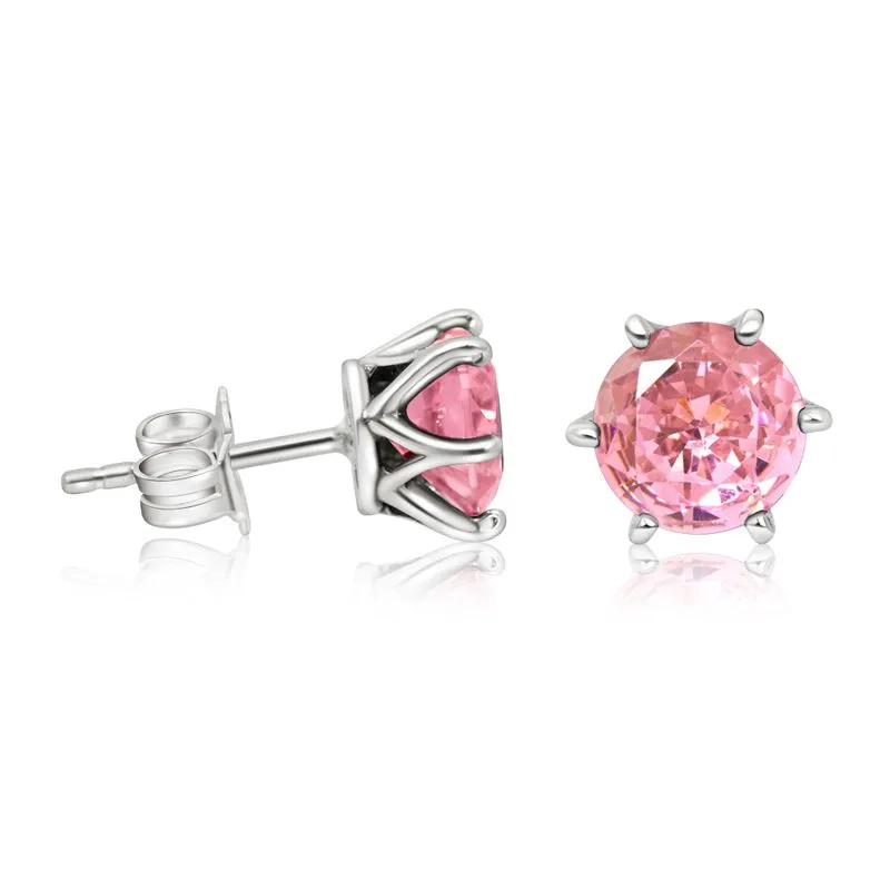 925 Silver Pink CZ Studs - 7mm Dec Birthstone, Handmade