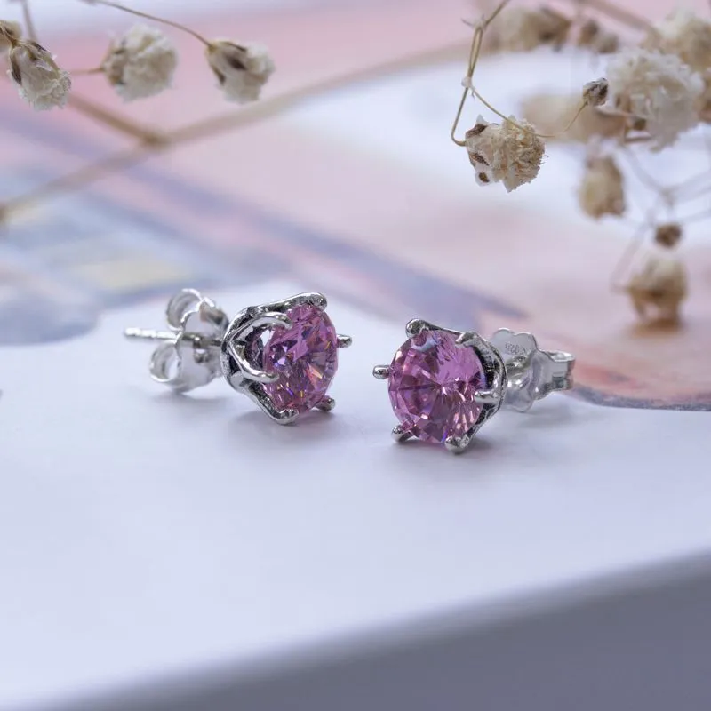 925 Silver Pink CZ Studs - 7mm Dec Birthstone, Handmade