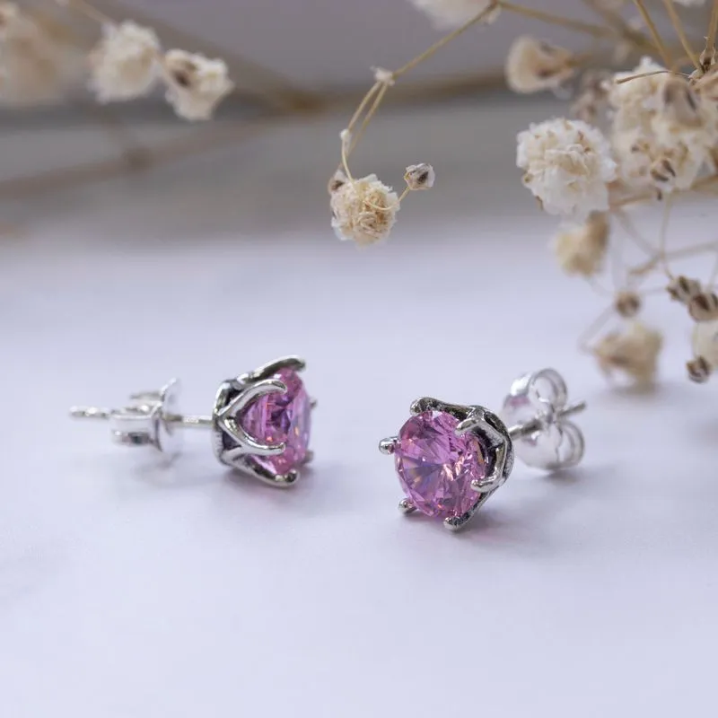 925 Silver Pink CZ Studs - 7mm Dec Birthstone, Handmade