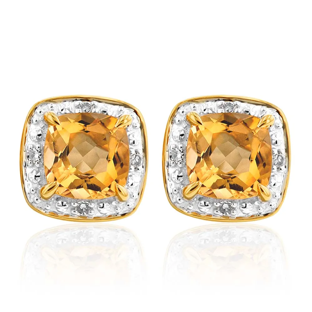 9ct Yellow Gold 5mm 0.50ct Citrine and Diamond Cushion Cut Stud Earrings