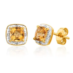 9ct Yellow Gold 5mm 0.50ct Citrine and Diamond Cushion Cut Stud Earrings