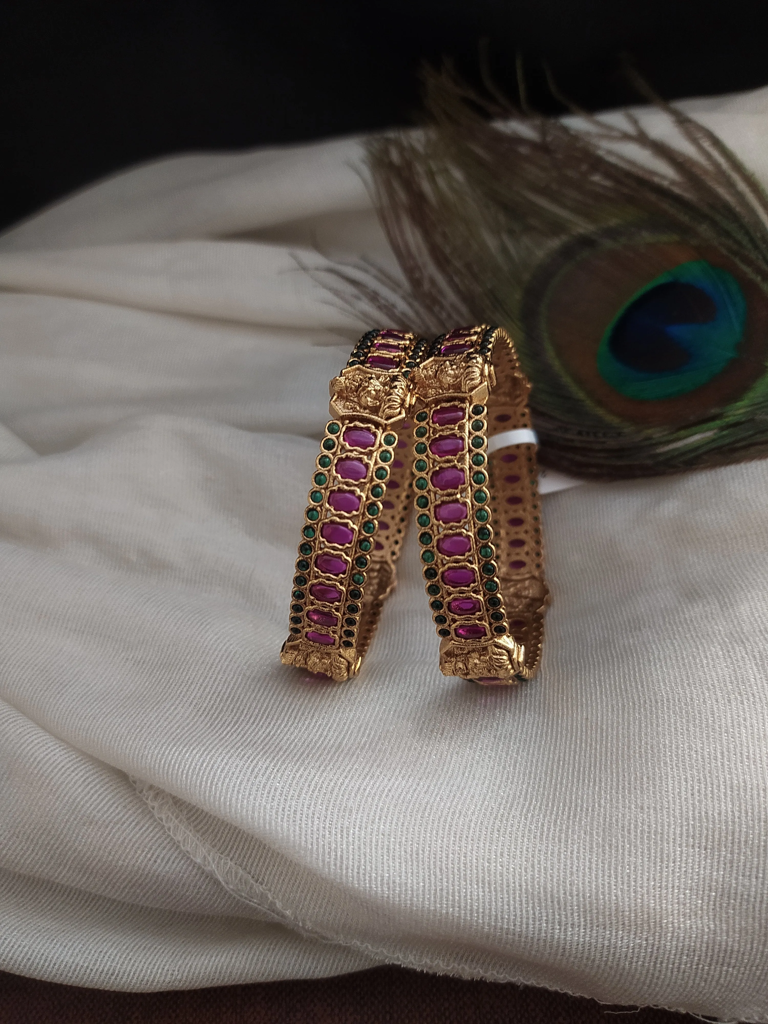 Antique Ruby & Green Lakshmi Bangles in Three Sizes