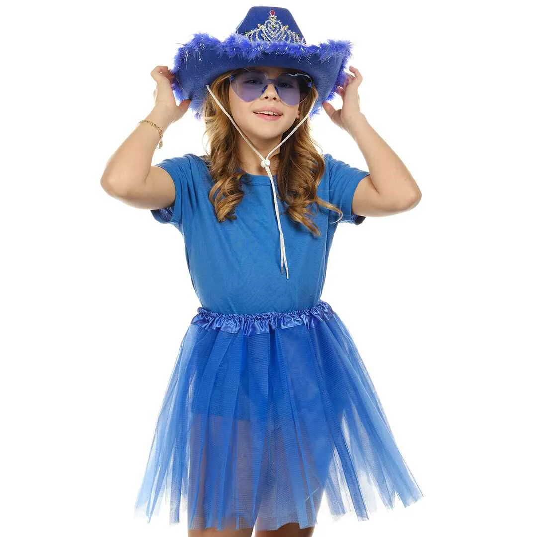 Blue Cowgirl Hat with Heart Glasses - Blue Cowboy Hat with Tiara Crown - FUNCREDIBLE