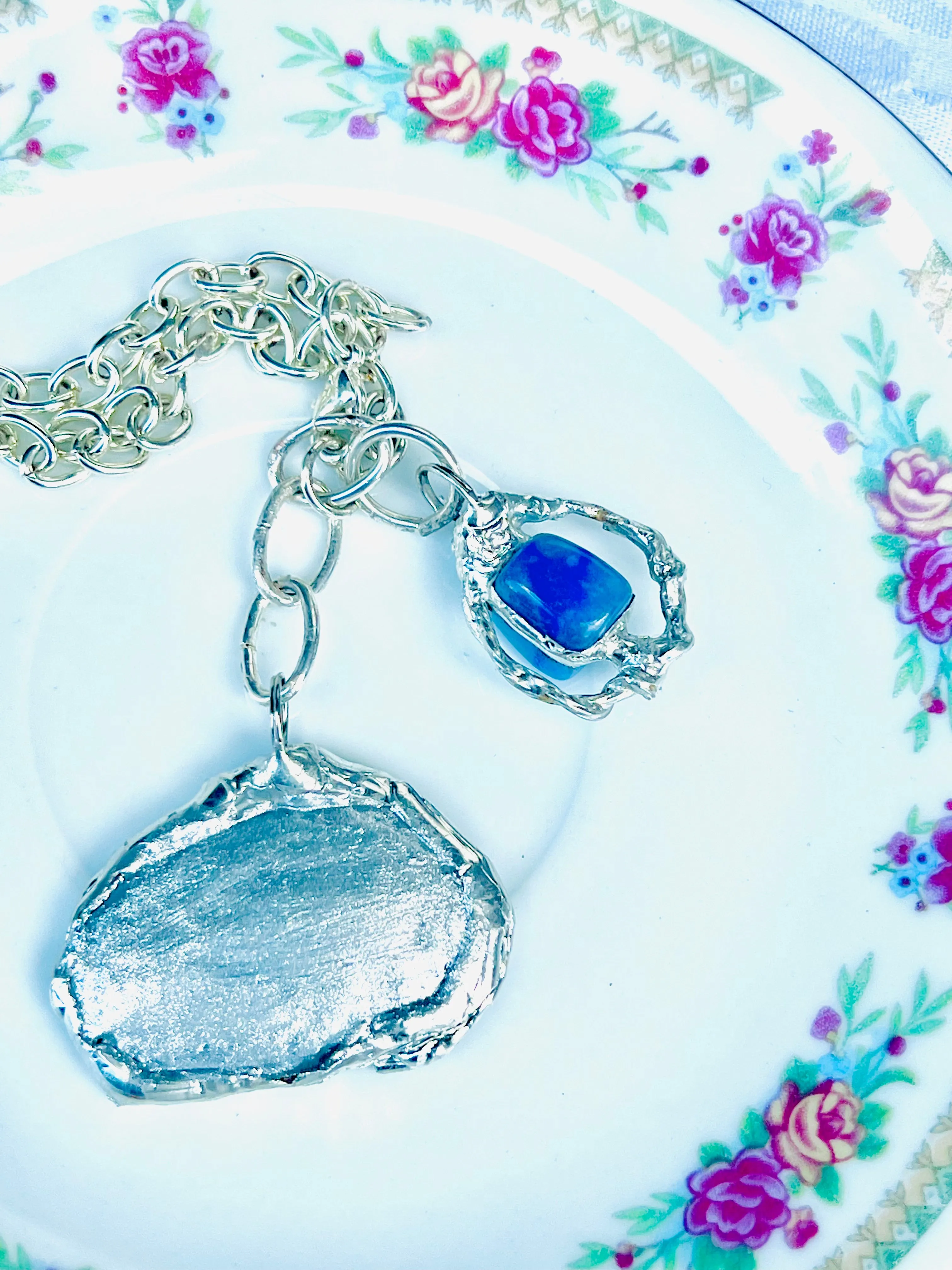 Broken China & Sodalite Charm Bracelet Artisan Crafted Lotus Flower