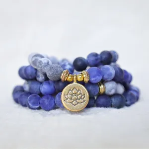 Buddha Stones 108 Natural Picasso Jasper & Blue Stone Mala Bead Lotus Pendant Bracelet