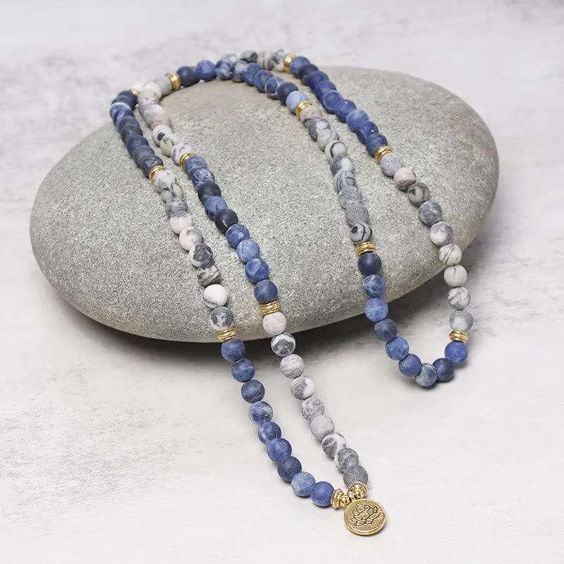 Buddha Stones 108 Natural Picasso Jasper & Blue Stone Mala Bead Lotus Pendant Bracelet