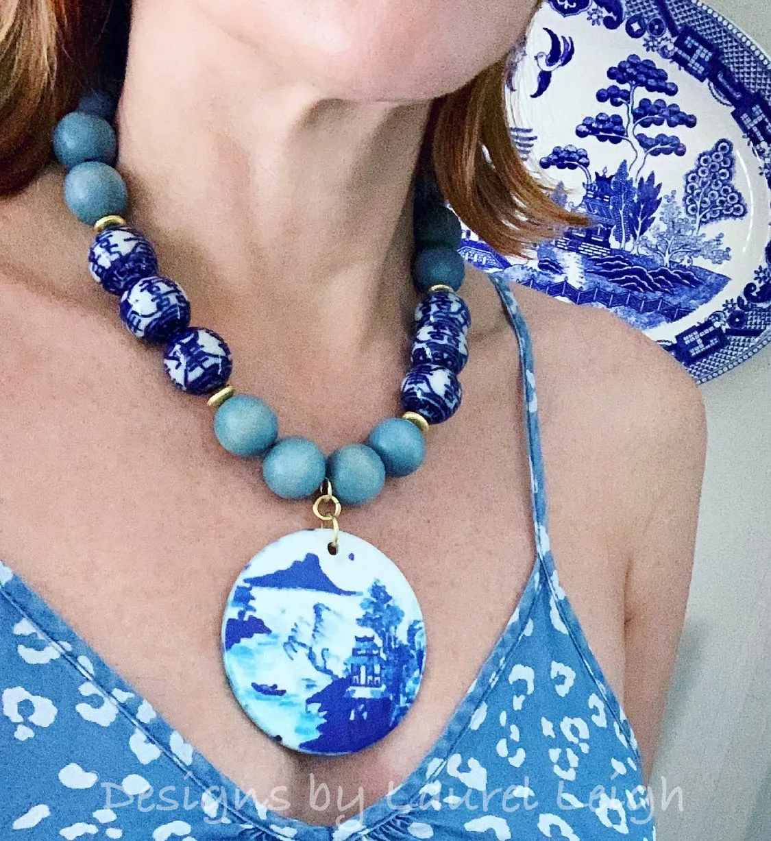 Chinoiserie Canton Watercolor Pendant Statement Necklace - Spa Blue