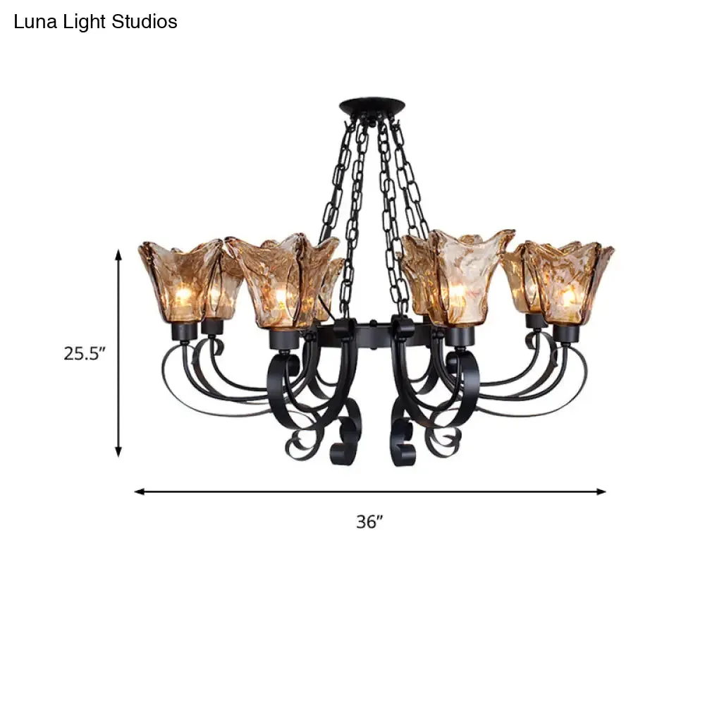 Classic Amber Glass Chandelier Pendant Light - 3/6/8 Bulb Scroll Ceiling Lamp, Flower Shade, for Living Room