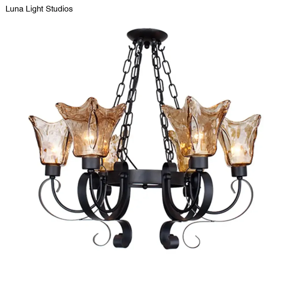 Classic Amber Glass Chandelier Pendant Light - 3/6/8 Bulb Scroll Ceiling Lamp, Flower Shade, for Living Room