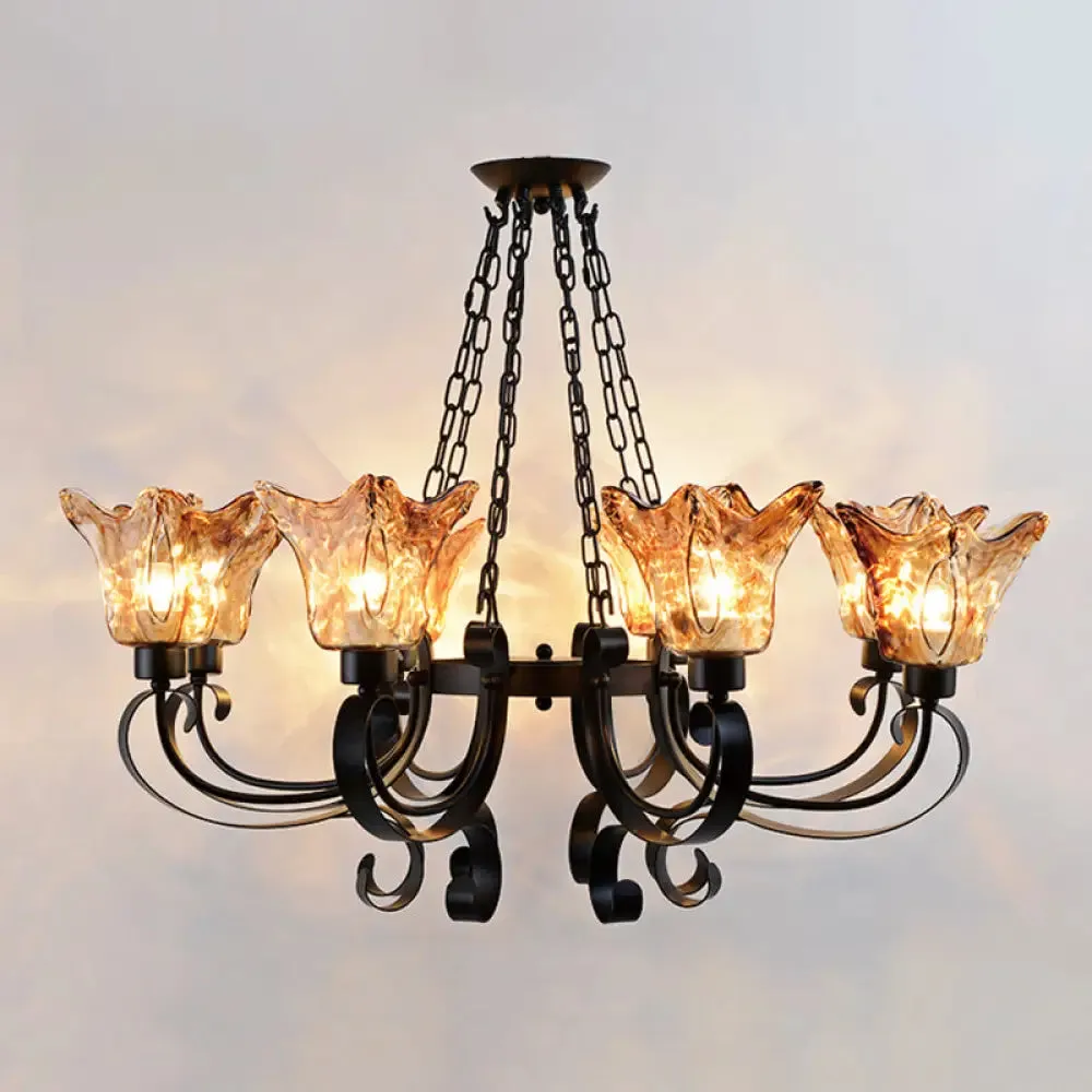 Classic Amber Glass Chandelier Pendant Light - 3/6/8 Bulb Scroll Ceiling Lamp, Flower Shade, for Living Room