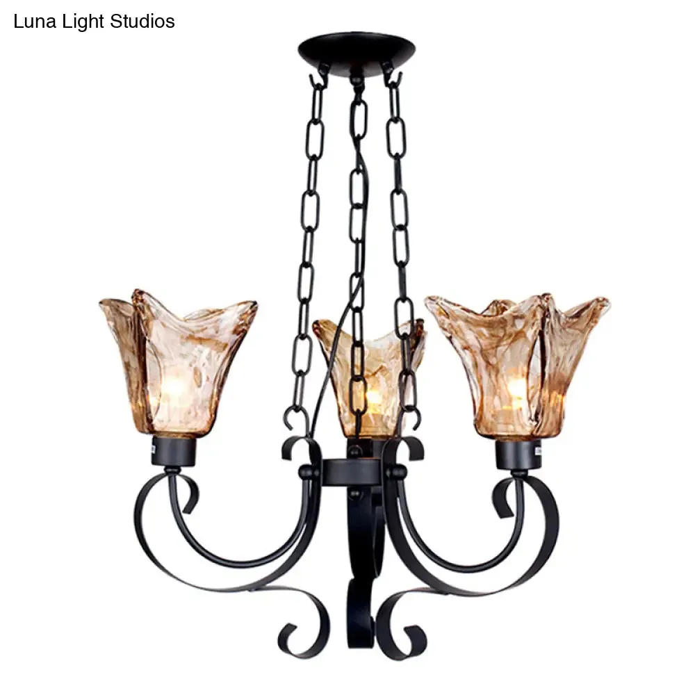 Classic Amber Glass Chandelier Pendant Light - 3/6/8 Bulb Scroll Ceiling Lamp, Flower Shade, for Living Room