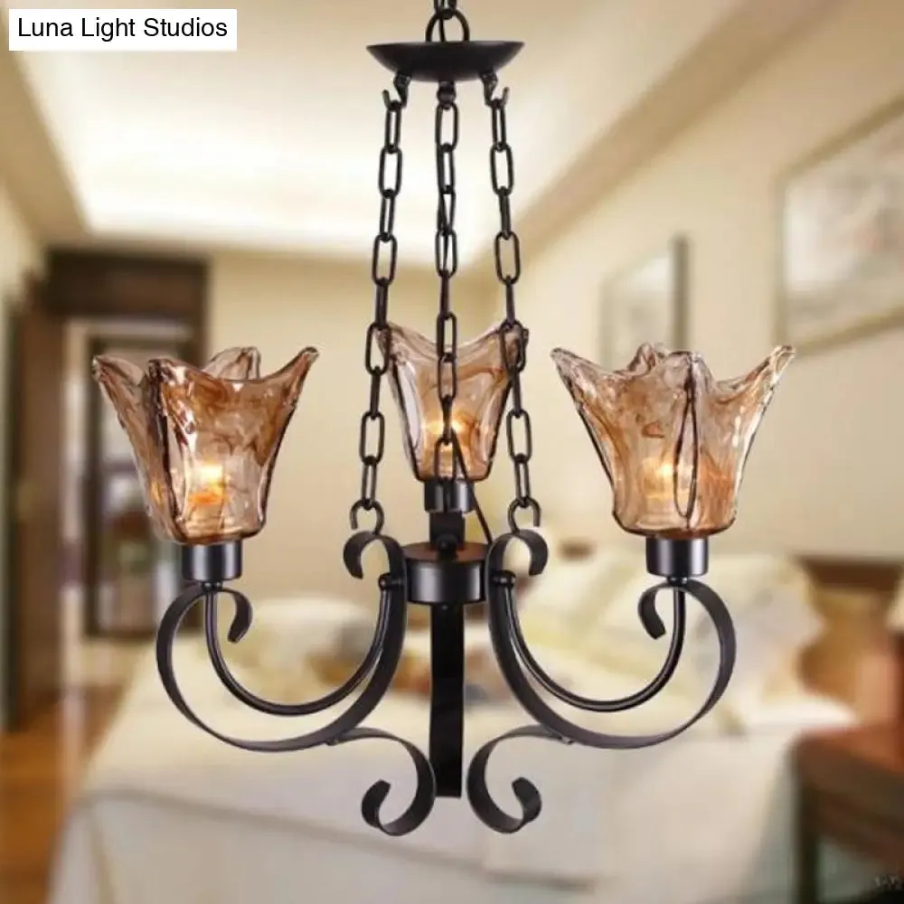 Classic Amber Glass Chandelier Pendant Light - 3/6/8 Bulb Scroll Ceiling Lamp, Flower Shade, for Living Room