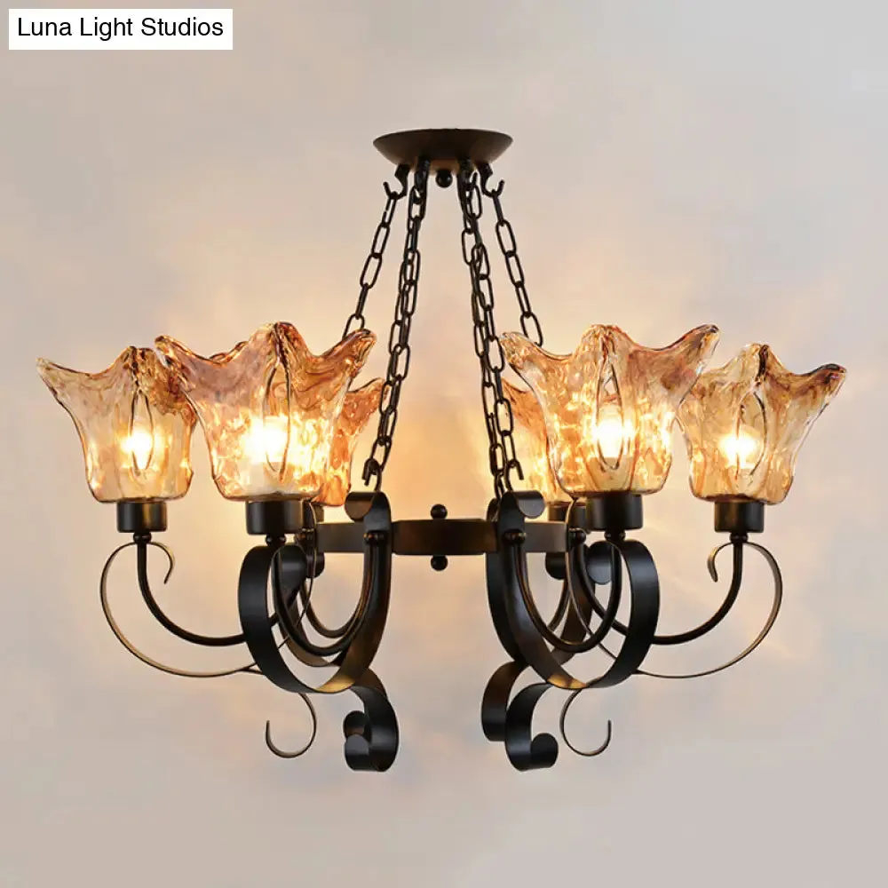 Classic Amber Glass Chandelier Pendant Light - 3/6/8 Bulb Scroll Ceiling Lamp, Flower Shade, for Living Room