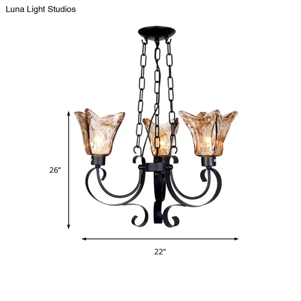 Classic Amber Glass Chandelier Pendant Light - 3/6/8 Bulb Scroll Ceiling Lamp, Flower Shade, for Living Room