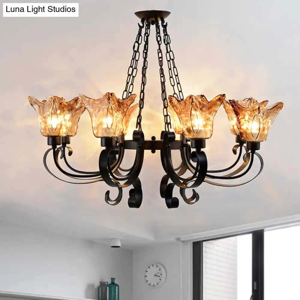 Classic Amber Glass Chandelier Pendant Light - 3/6/8 Bulb Scroll Ceiling Lamp, Flower Shade, for Living Room