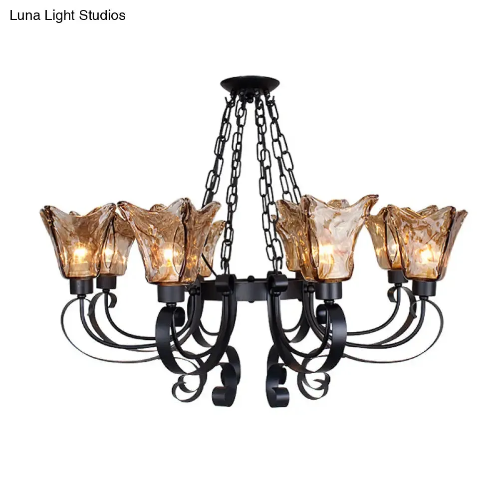 Classic Amber Glass Chandelier Pendant Light - 3/6/8 Bulb Scroll Ceiling Lamp, Flower Shade, for Living Room