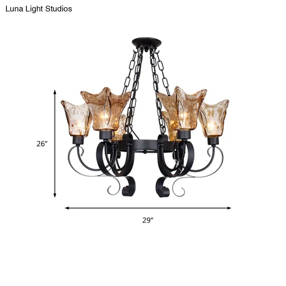 Classic Amber Glass Chandelier Pendant Light - 3/6/8 Bulb Scroll Ceiling Lamp, Flower Shade, for Living Room