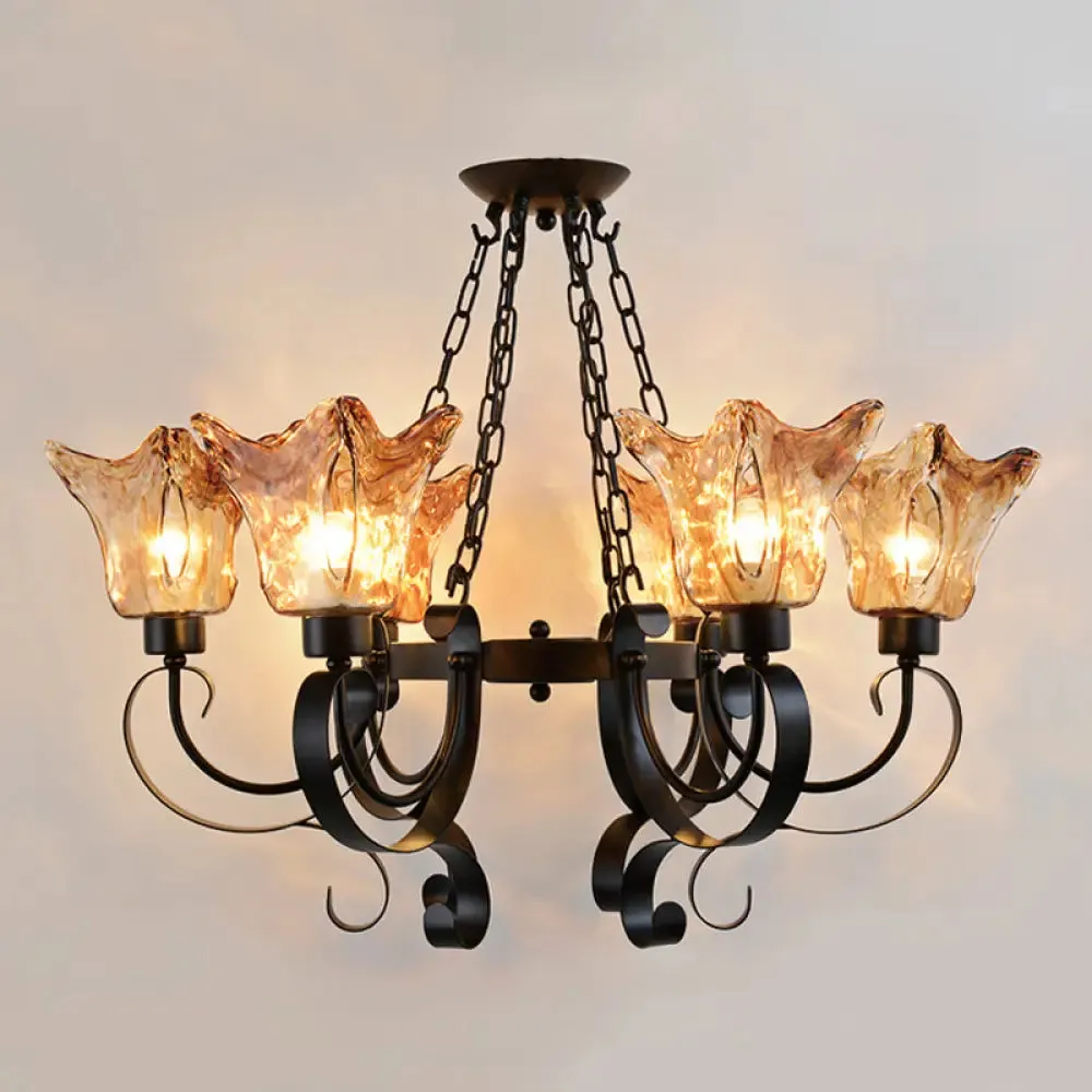 Classic Amber Glass Chandelier Pendant Light - 3/6/8 Bulb Scroll Ceiling Lamp, Flower Shade, for Living Room