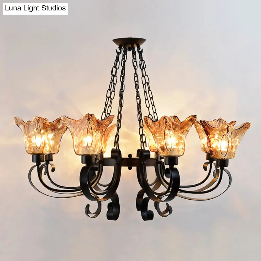 Classic Amber Glass Chandelier Pendant Light - 3/6/8 Bulb Scroll Ceiling Lamp, Flower Shade, for Living Room