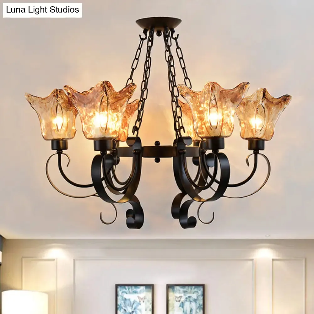 Classic Amber Glass Chandelier Pendant Light - 3/6/8 Bulb Scroll Ceiling Lamp, Flower Shade, for Living Room