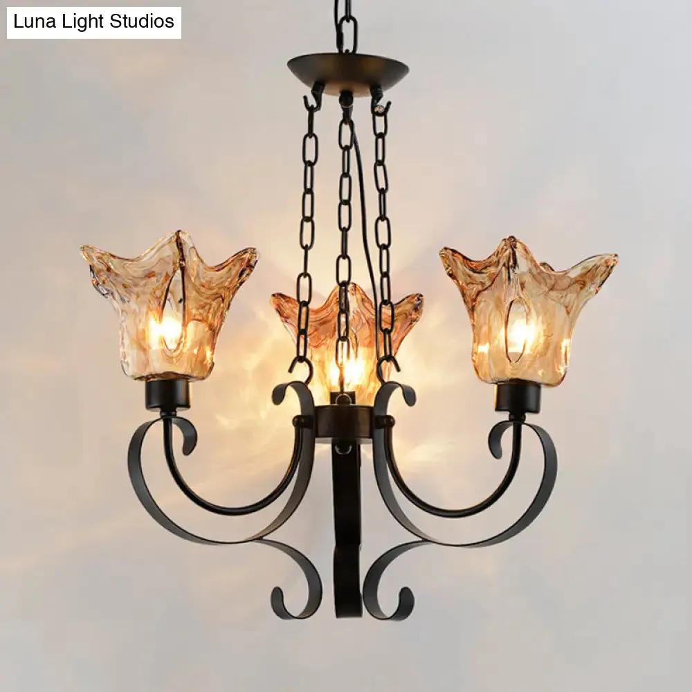 Classic Amber Glass Chandelier Pendant Light - 3/6/8 Bulb Scroll Ceiling Lamp, Flower Shade, for Living Room