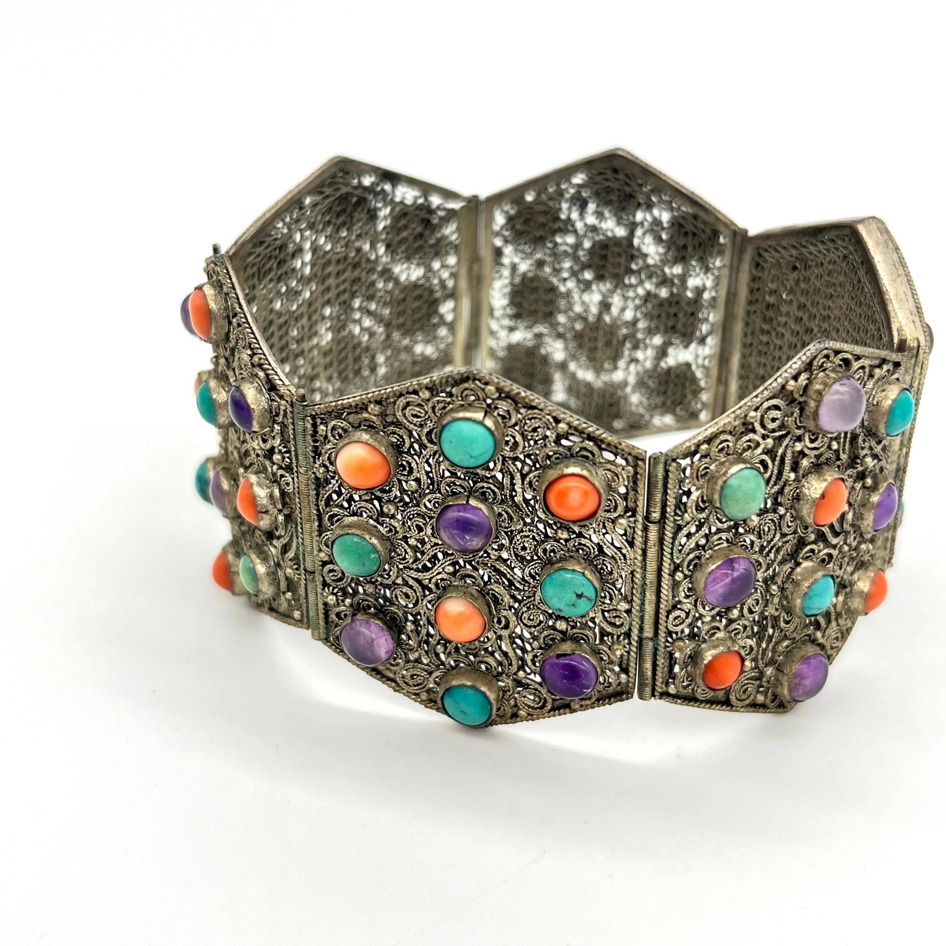 Coral, Turquoise, and Amethyst Filagre Bracelet