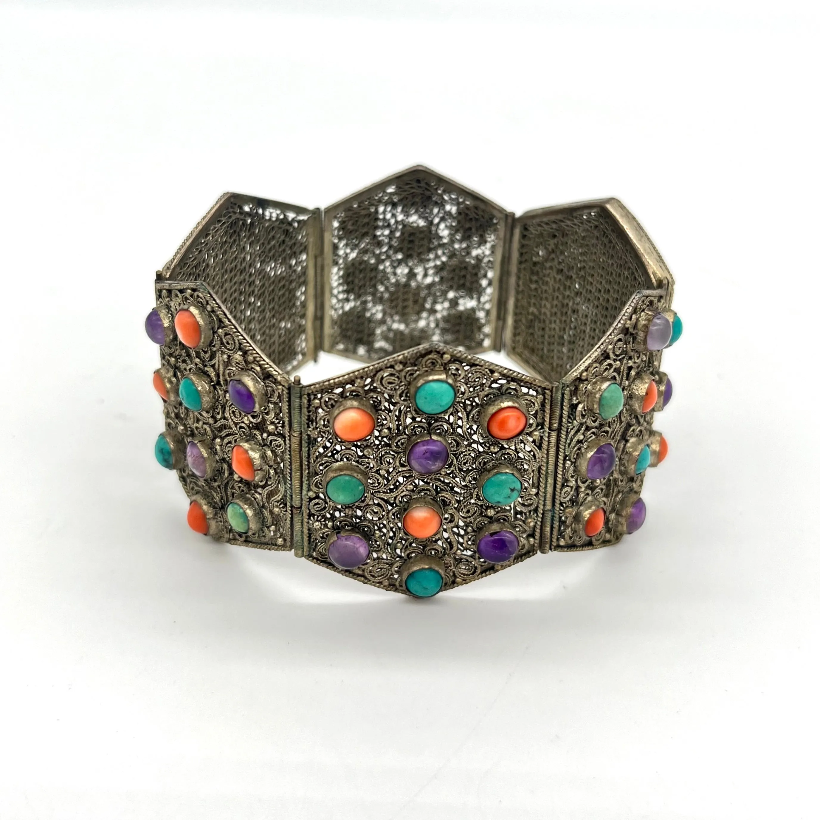 Coral, Turquoise, and Amethyst Filagre Bracelet